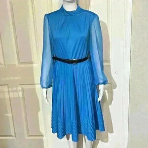 Vintage 1970s Blue Pleated Dress Chiffon Long Sleeve Hostess Medium Womens